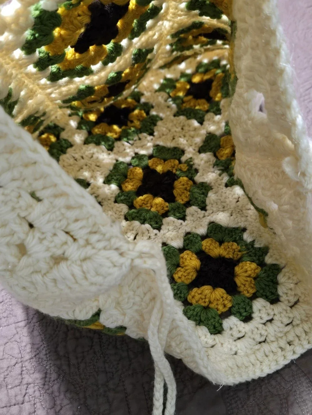 Vintage Granny Square Crochet Pillow Cover, floral sunflower, cover only